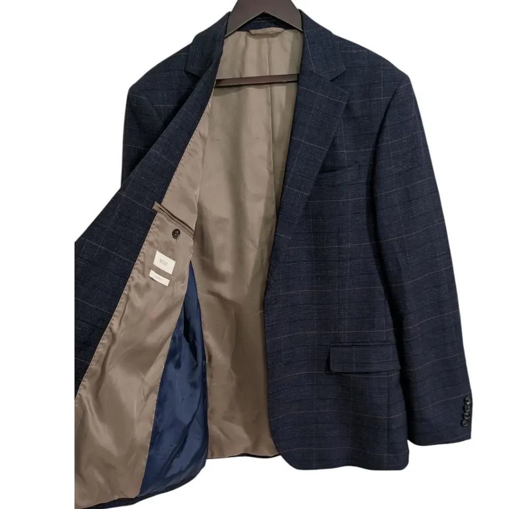 MOSS (Moss Bros) Navy Windowpane Plaid Blazer 44L Tailored Fit